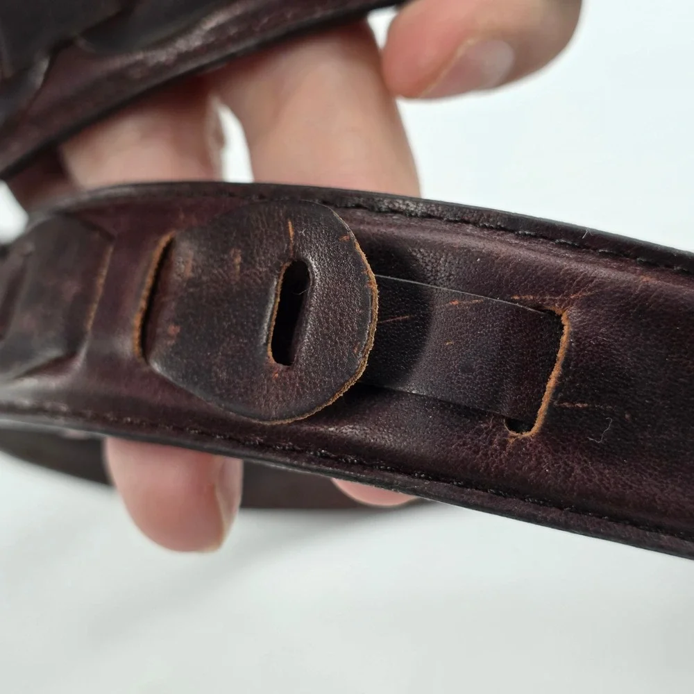 VTG Brown Leather Belt Mens 42 Oil Tanned Cowhide Solid Brass Woven Link 2534-02
